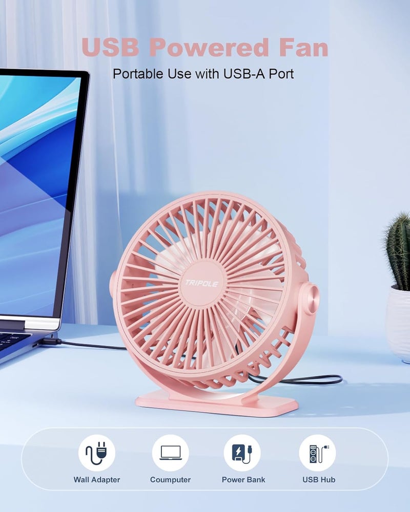 TriPole USB Desk Fan Mini Portable Personal Fan, 3 Speeds Adjustable Strong Breeze Small Electric Fan, 360° Rotation Quiet Plug In USB Fan for Desktop Bedroom Office Table Travel Cruise, Pink, 4.5in - Image 2